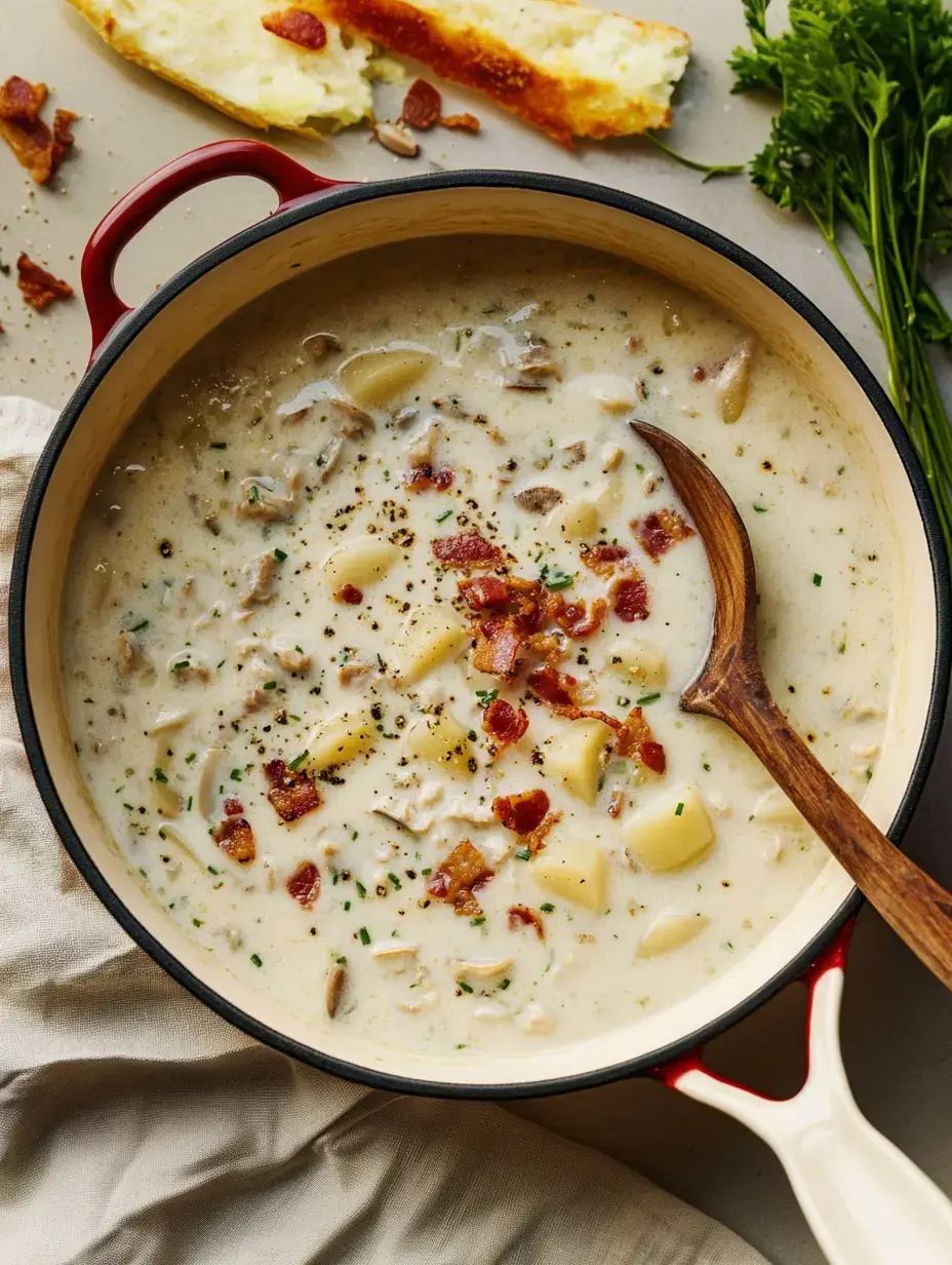 A creamy soup with potatoes and bacon is displayed in a red pot, surrounded by bread and herbs on a light surface.