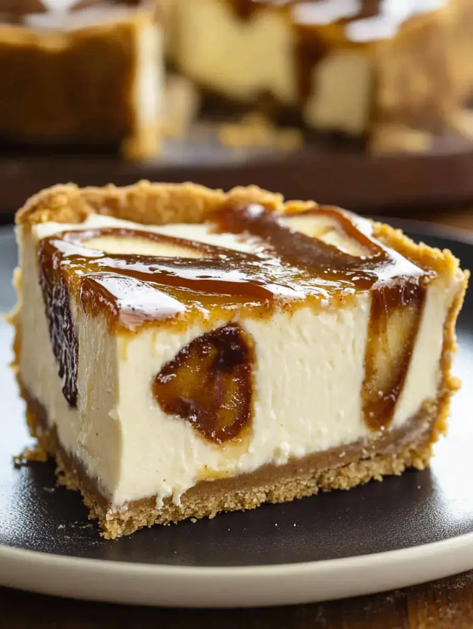 A slice of cheesecake with a caramel topping on a black plate, showcasing a graham cracker crust.