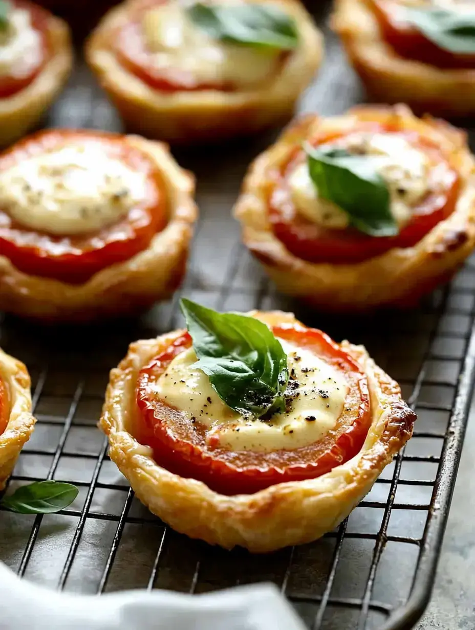 A close-up of individual pastry tarts filled with tomatoes, cheese, and fresh basil, arranged on a wire rack.