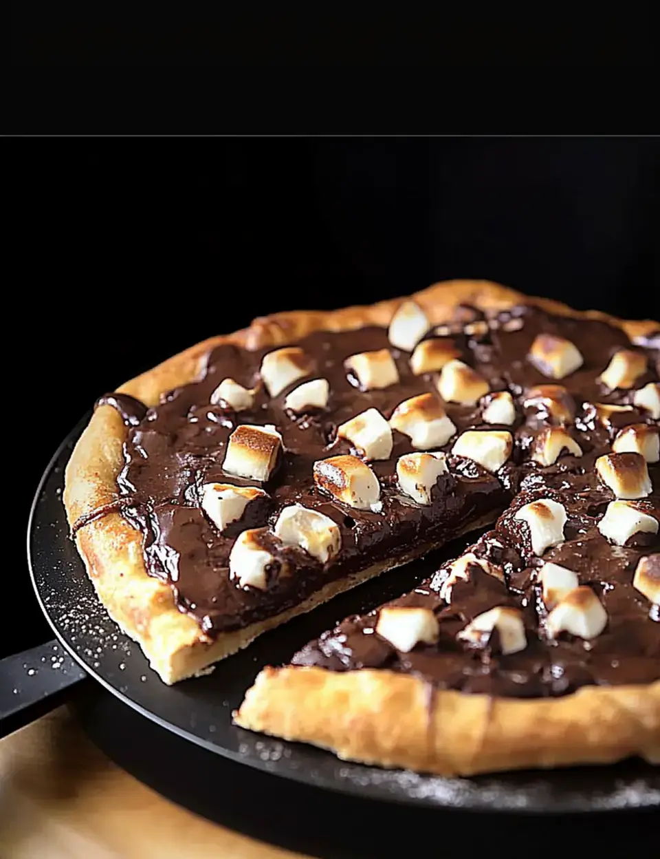 A chocolate dessert pizza topped with marshmallows, served on a black plate with one slice removed.