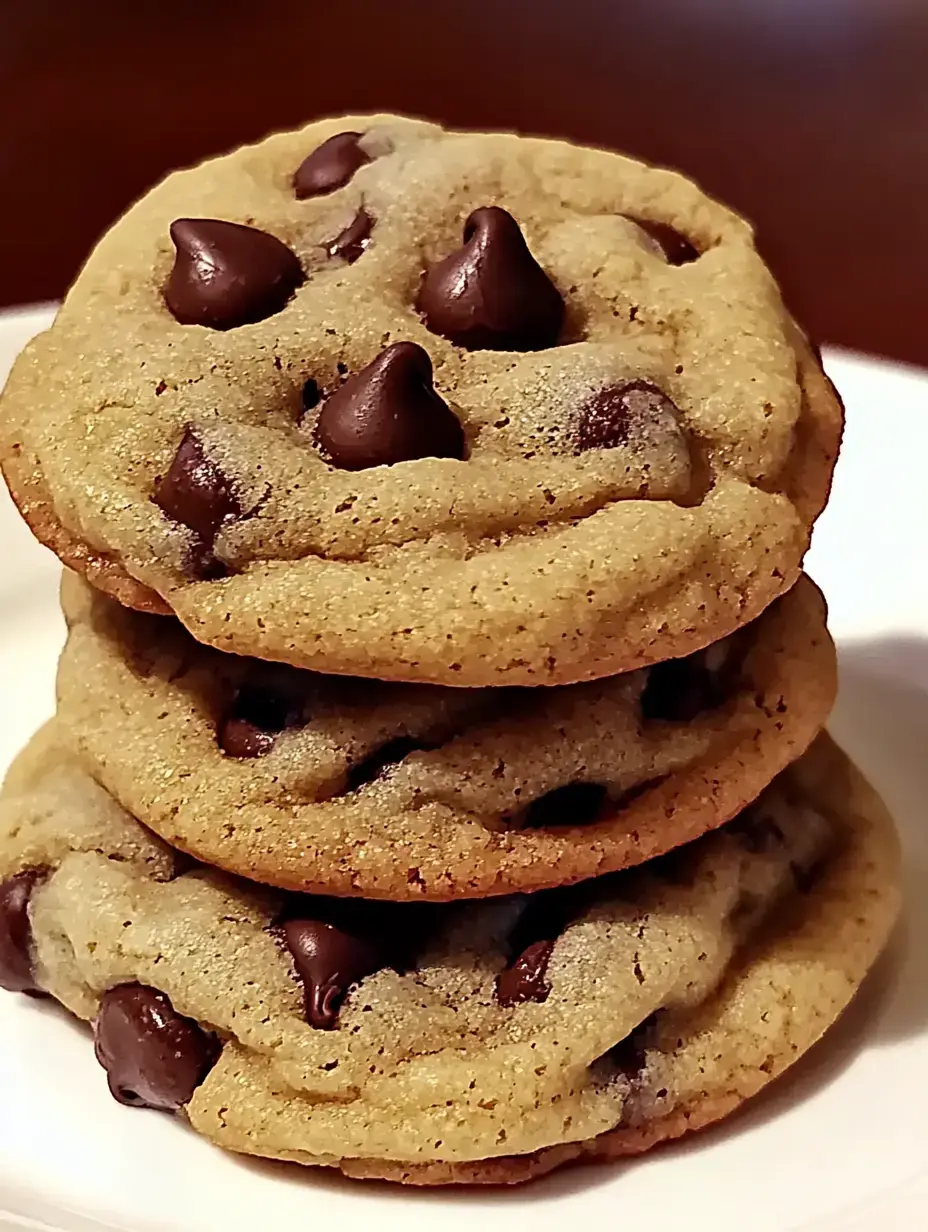 Three stacked chocolate chip cookies on a white plate.