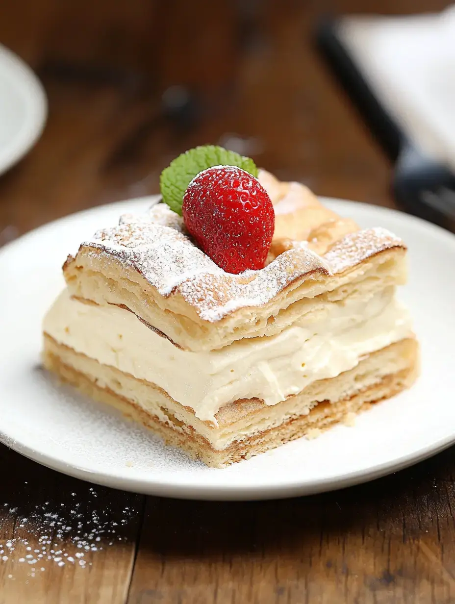 A layered pastry dessert topped with a strawberry and mint leaf, dusted with powdered sugar, served on a white plate.