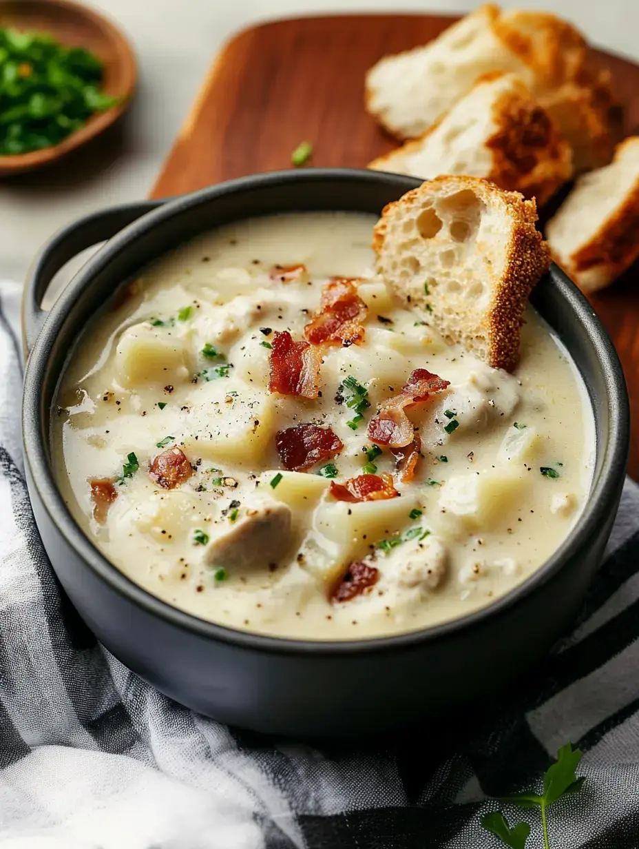 A bowl of hearty chicken and potato soup garnished with bacon and herbs, accompanied by slices of crusty bread.