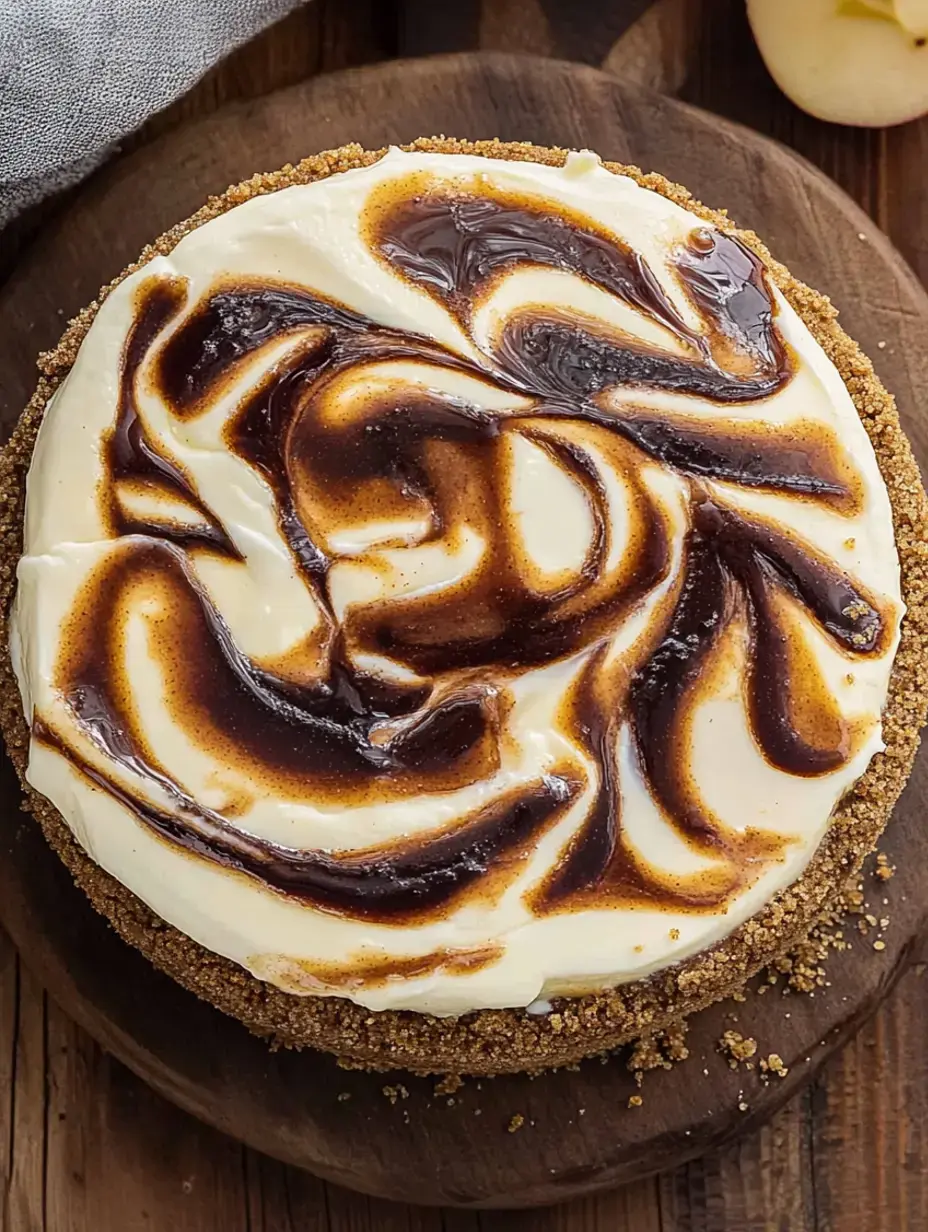 A top view of a cheesecake with a glossy chocolate swirl pattern on a graham cracker crust, placed on a wooden serving board.