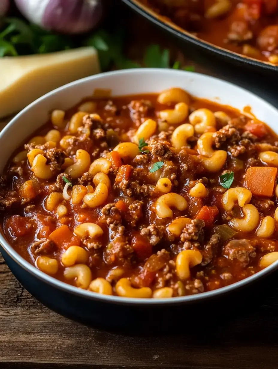 A bowl of macaroni mixed with ground beef, tomatoes, and vegetables in a savory sauce, garnished with parsley, sits on a wooden surface beside garlic and cheese.