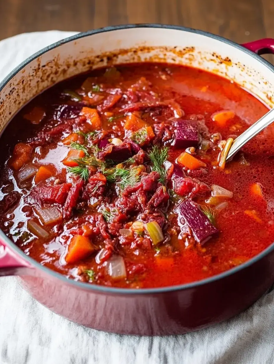 A pot of rich red soup filled with various vegetables, including beets and carrots, garnished with fresh dill.