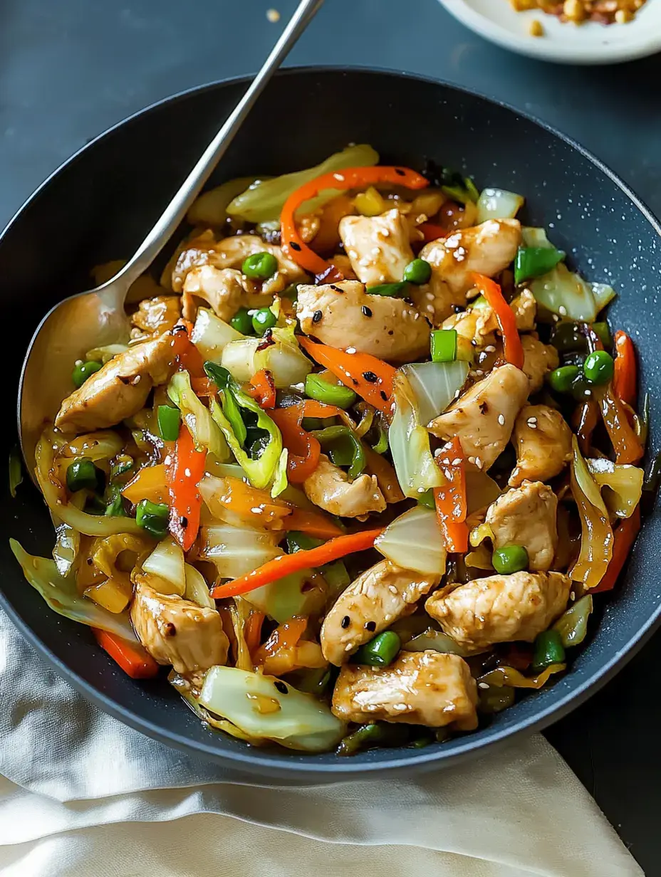 A vibrant bowl of stir-fried chicken with colorful vegetables, including bell peppers and green peas, garnished with sesame seeds.