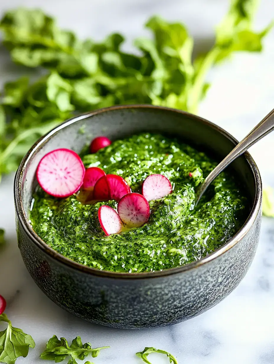 A dark bowl filled with vibrant green pesto topped with sliced radishes, surrounded by fresh greens.