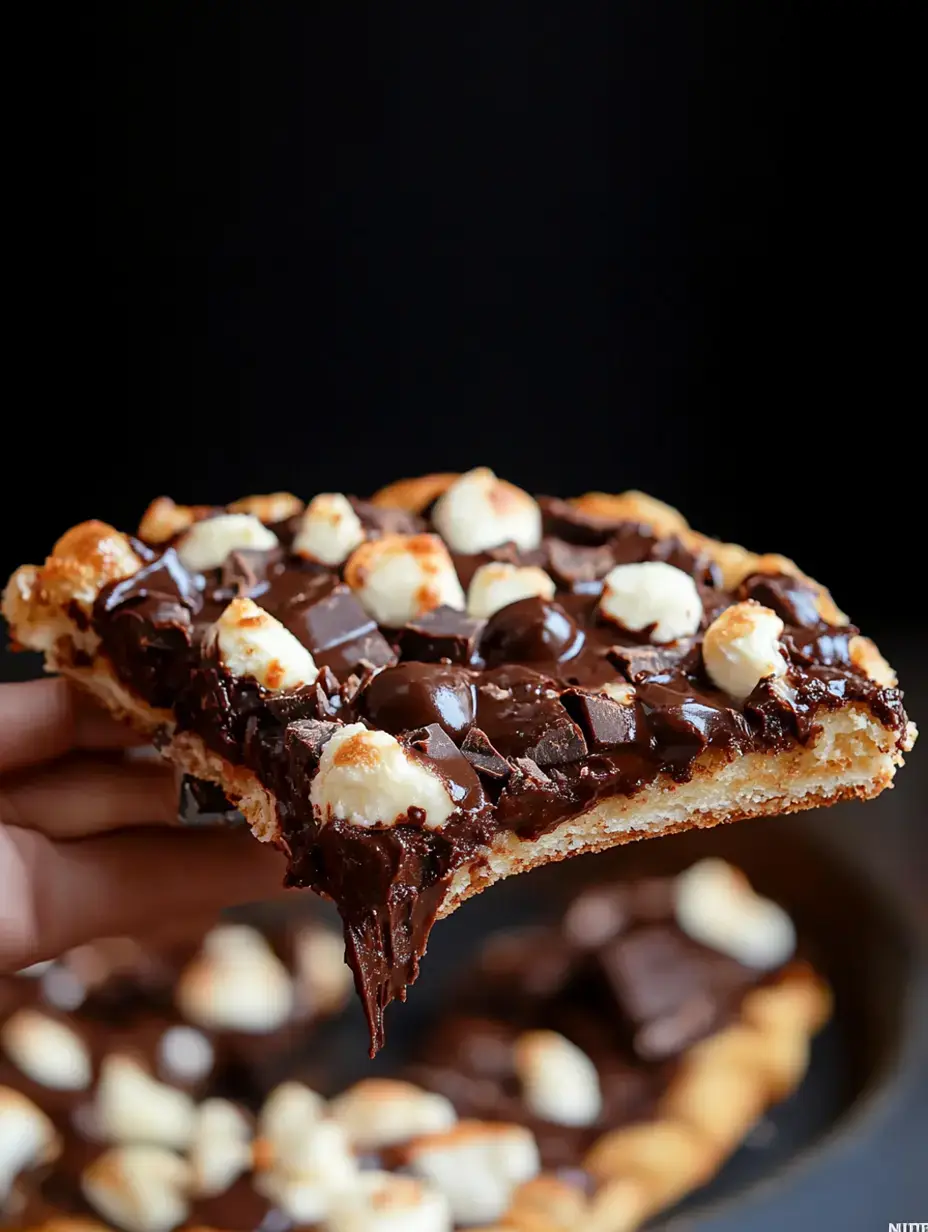 A hand holds a slice of chocolate dessert topped with chunks of chocolate and white marshmallows against a dark background.