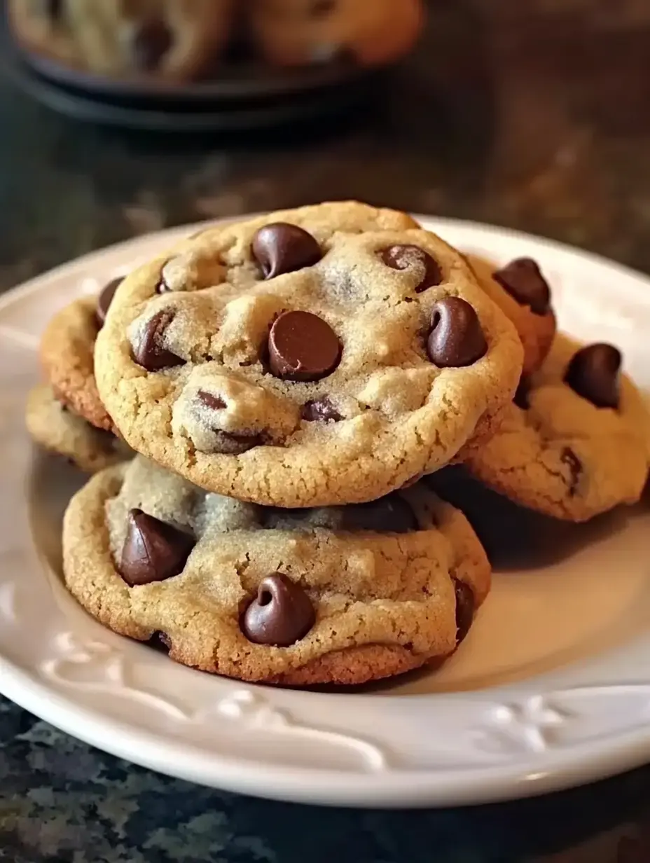 A stack of chocolate chip cookies is displayed on a white plate.