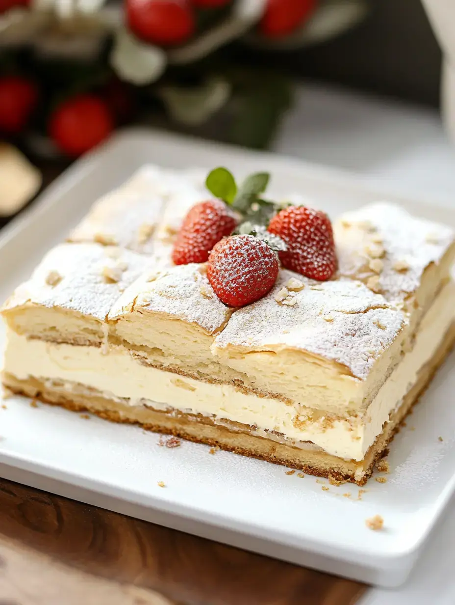 A creamy layered cake topped with powdered sugar, fresh strawberries, and a sprig of mint, served on a white plate.