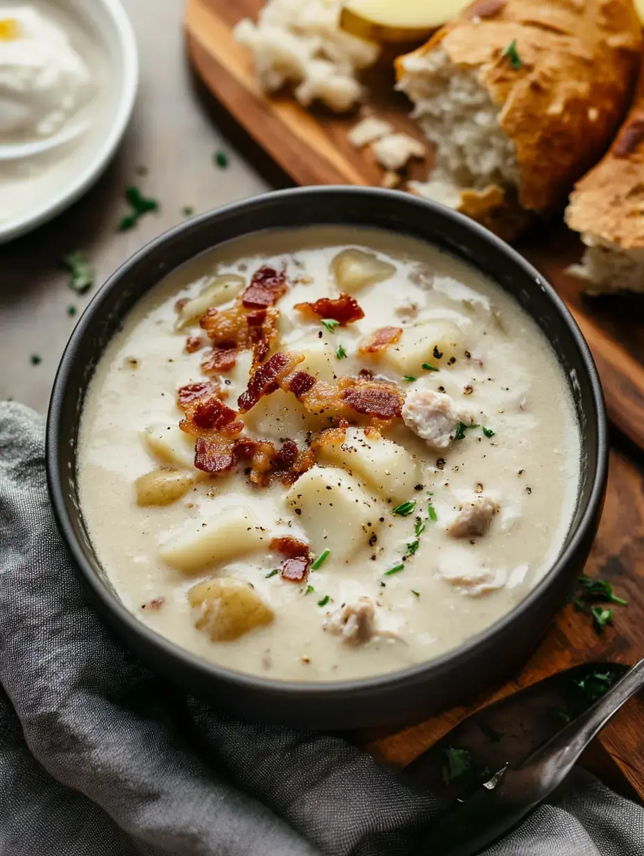 A bowl of creamy chowder with potatoes and bacon, served alongside bread on a wooden board.