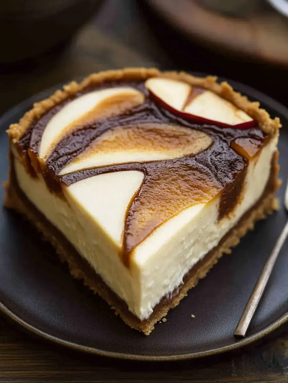 A slice of cheesecake with a glossy caramel topping and decorative apple slices, sitting on a dark plate.