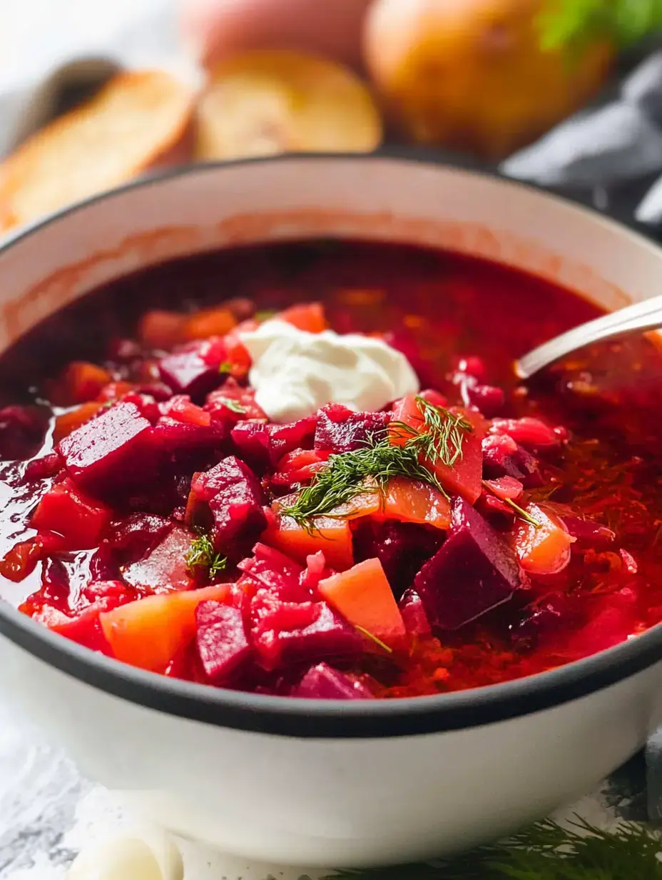 A close-up of a bowl of vibrant red borscht soup topped with a dollop of sour cream and fresh dill, surrounded by ingredients like potatoes and bread in the background.