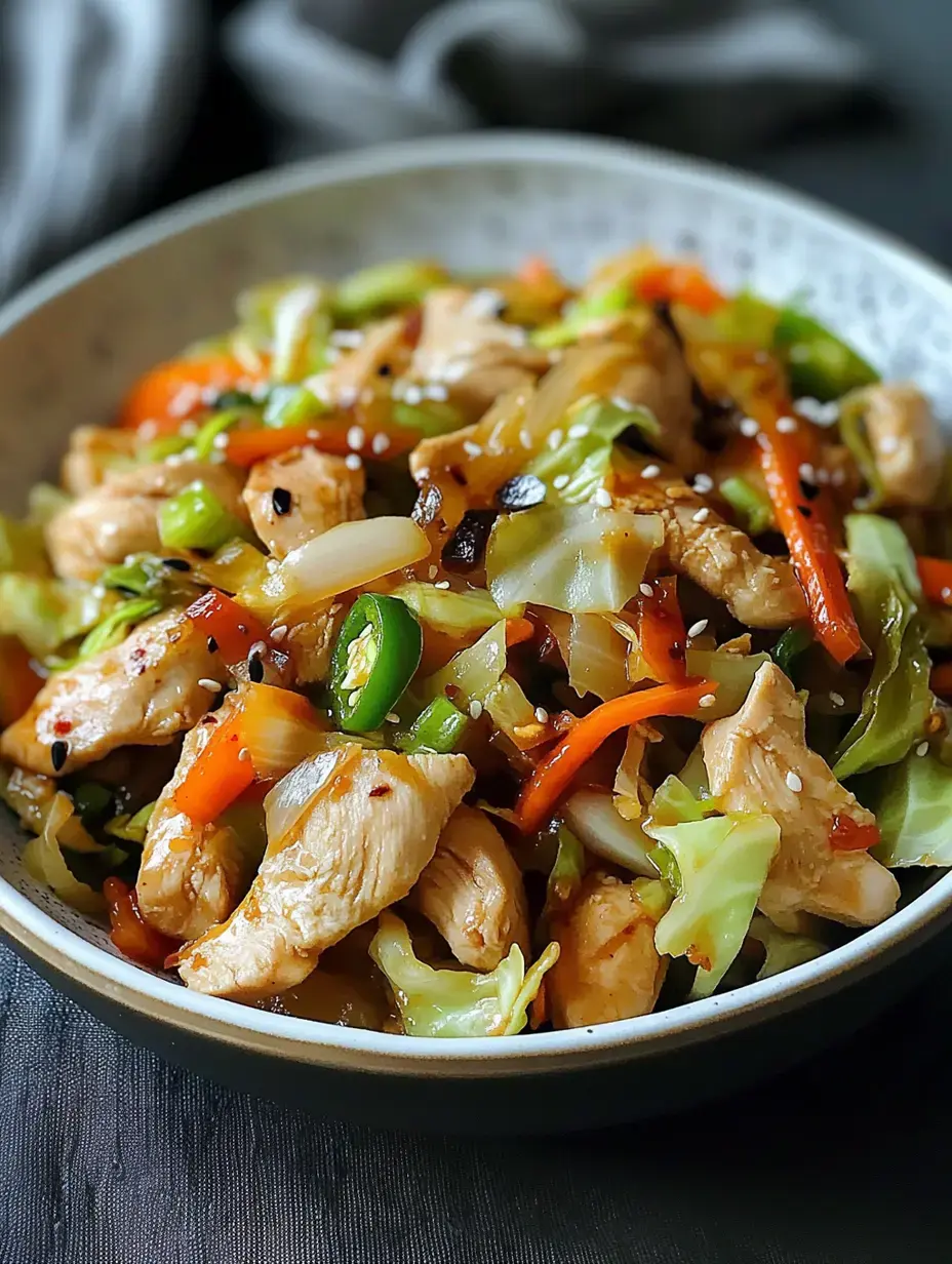 A close-up view of a bowl filled with stir-fried chicken and colorful vegetables, garnished with sesame seeds.