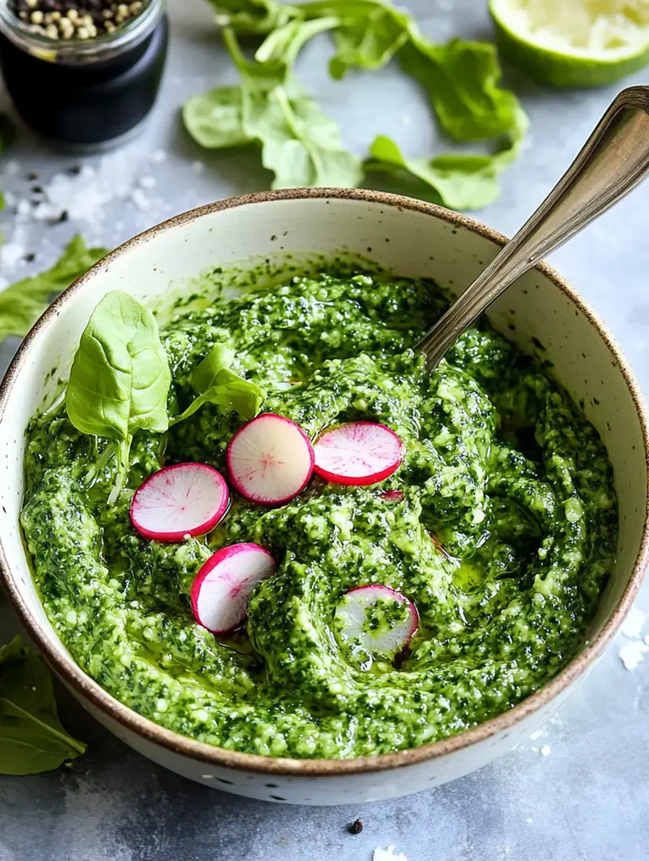 A creamy green dip garnished with sliced radishes, served in a rustic bowl with fresh leaves around it.