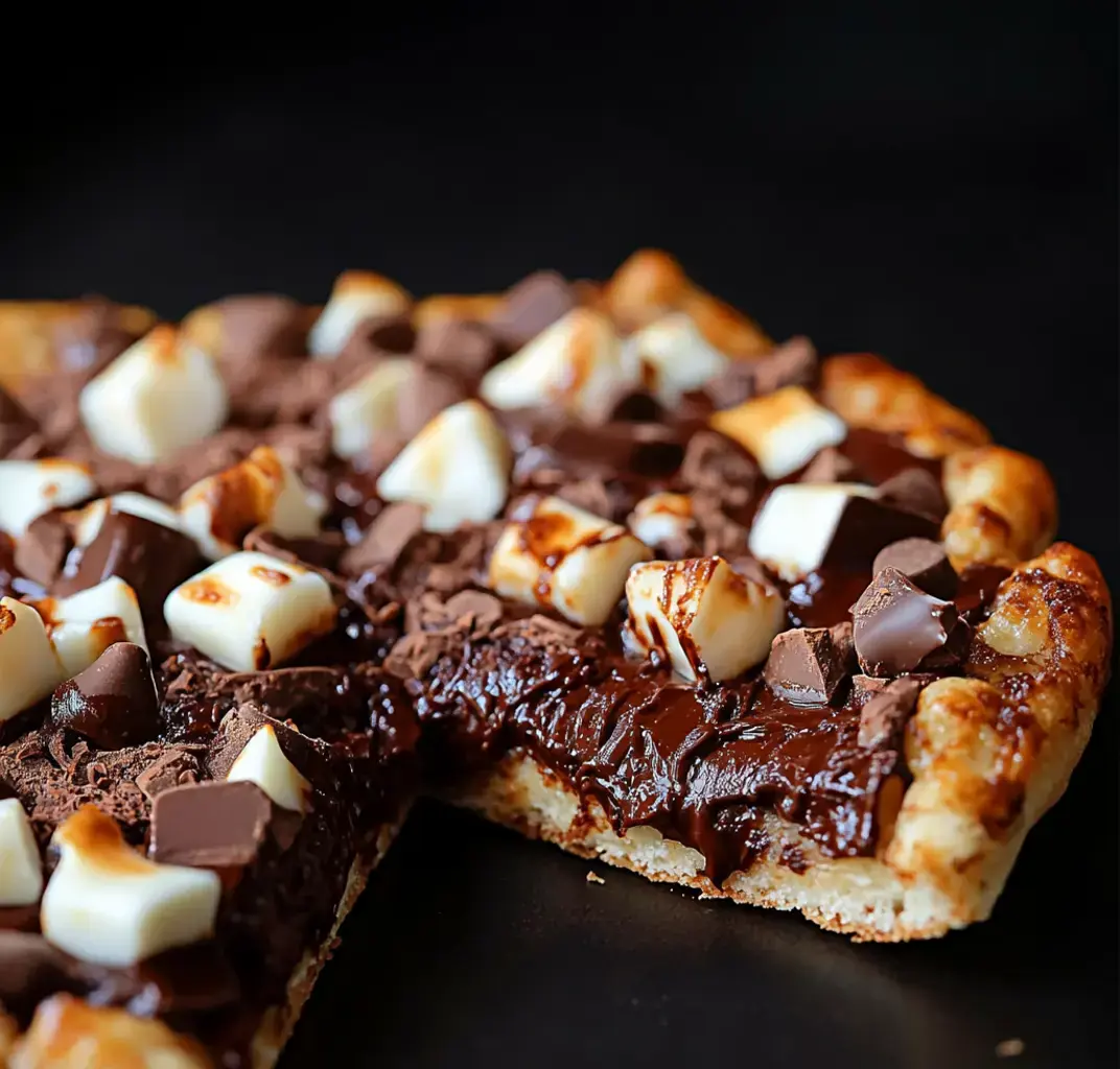 A close-up of a chocolate dessert featuring a flaky crust topped with melted chocolate, marshmallows, and chocolate chunks.