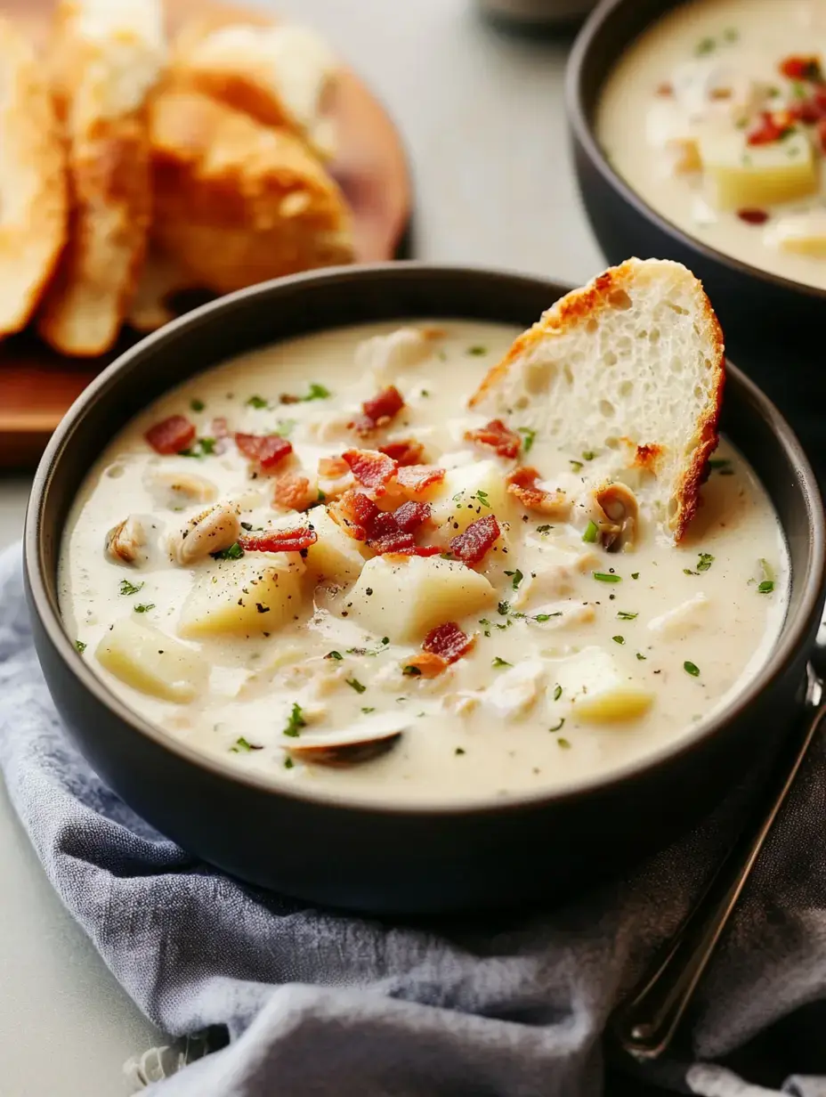 A bowl of creamy clam chowder topped with bacon and diced potatoes, accompanied by toasted bread on a plate.