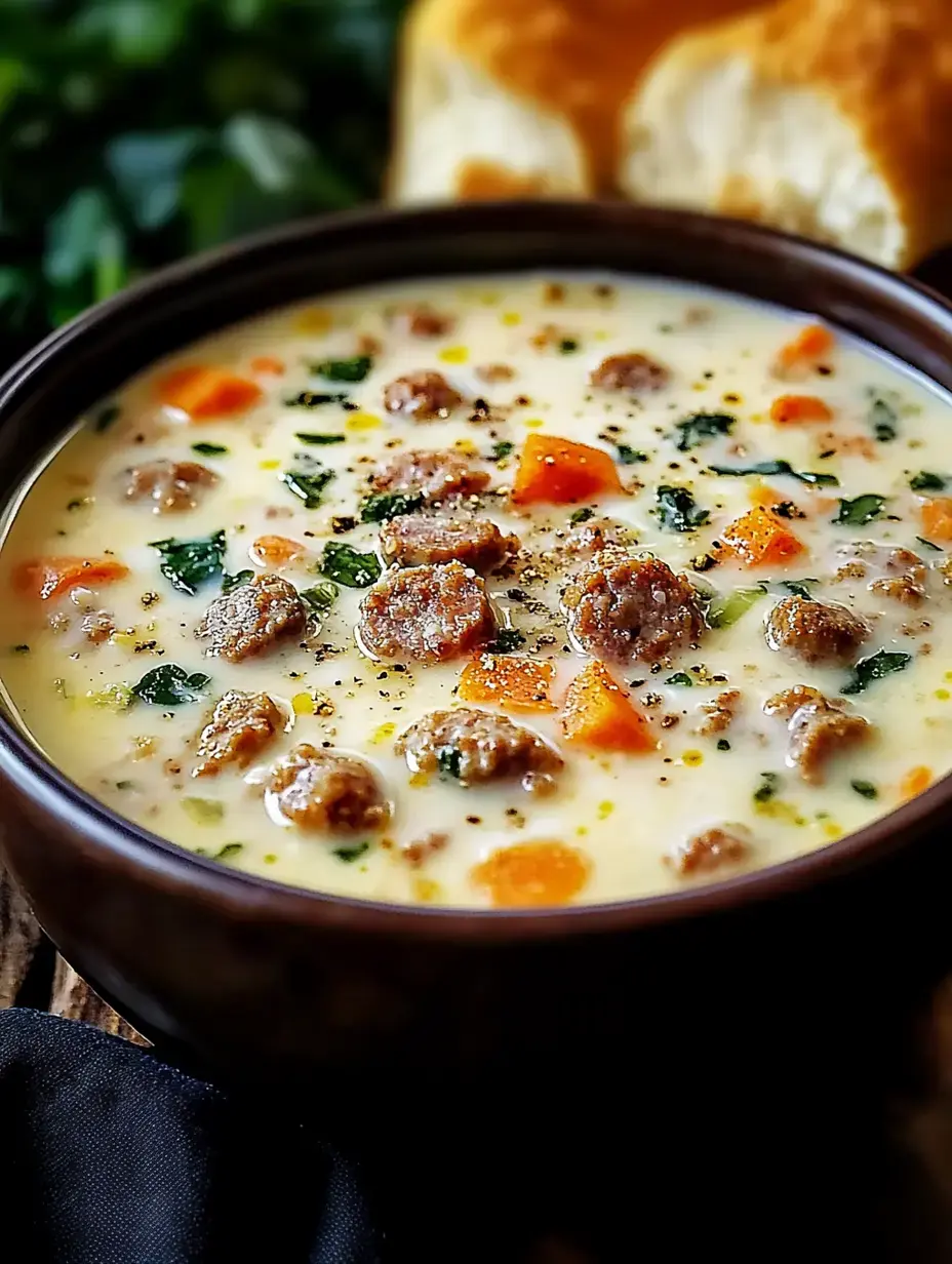 A bowl of creamy soup containing sausage, diced carrots, and greens, accompanied by a piece of bread.