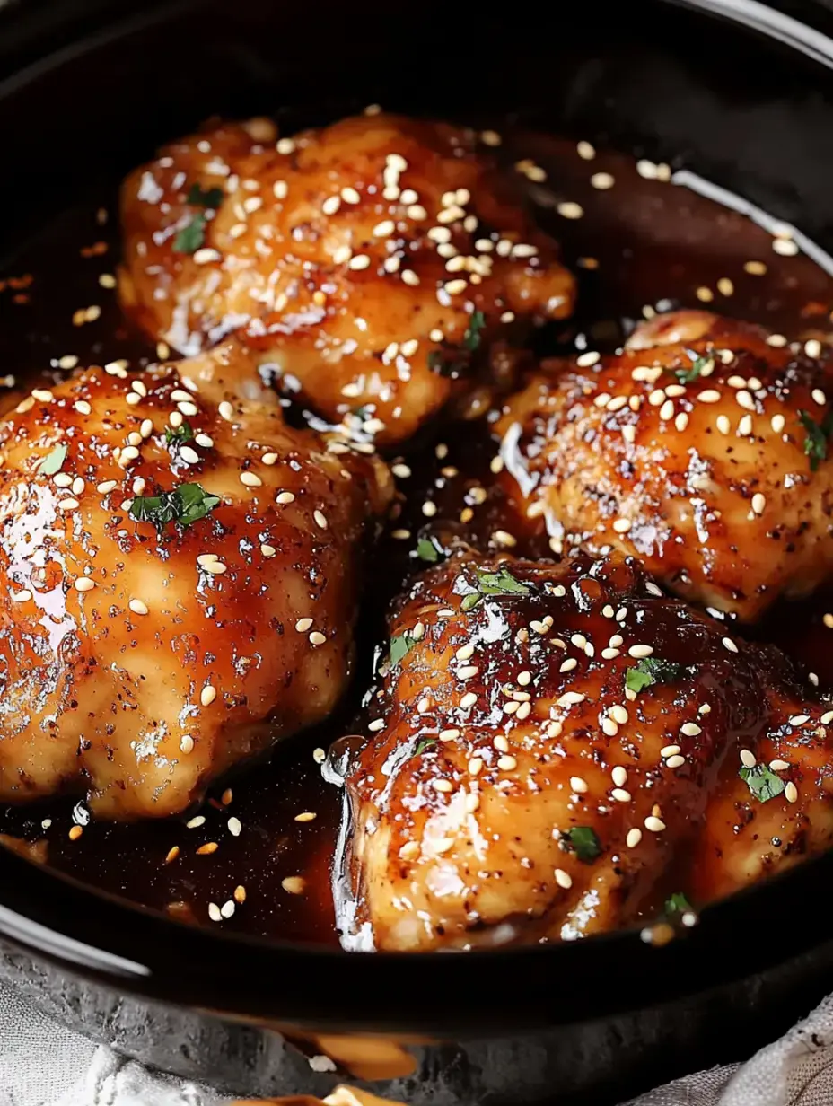 A close-up image of glazed chicken thighs garnished with sesame seeds and herbs in a dark sauce.