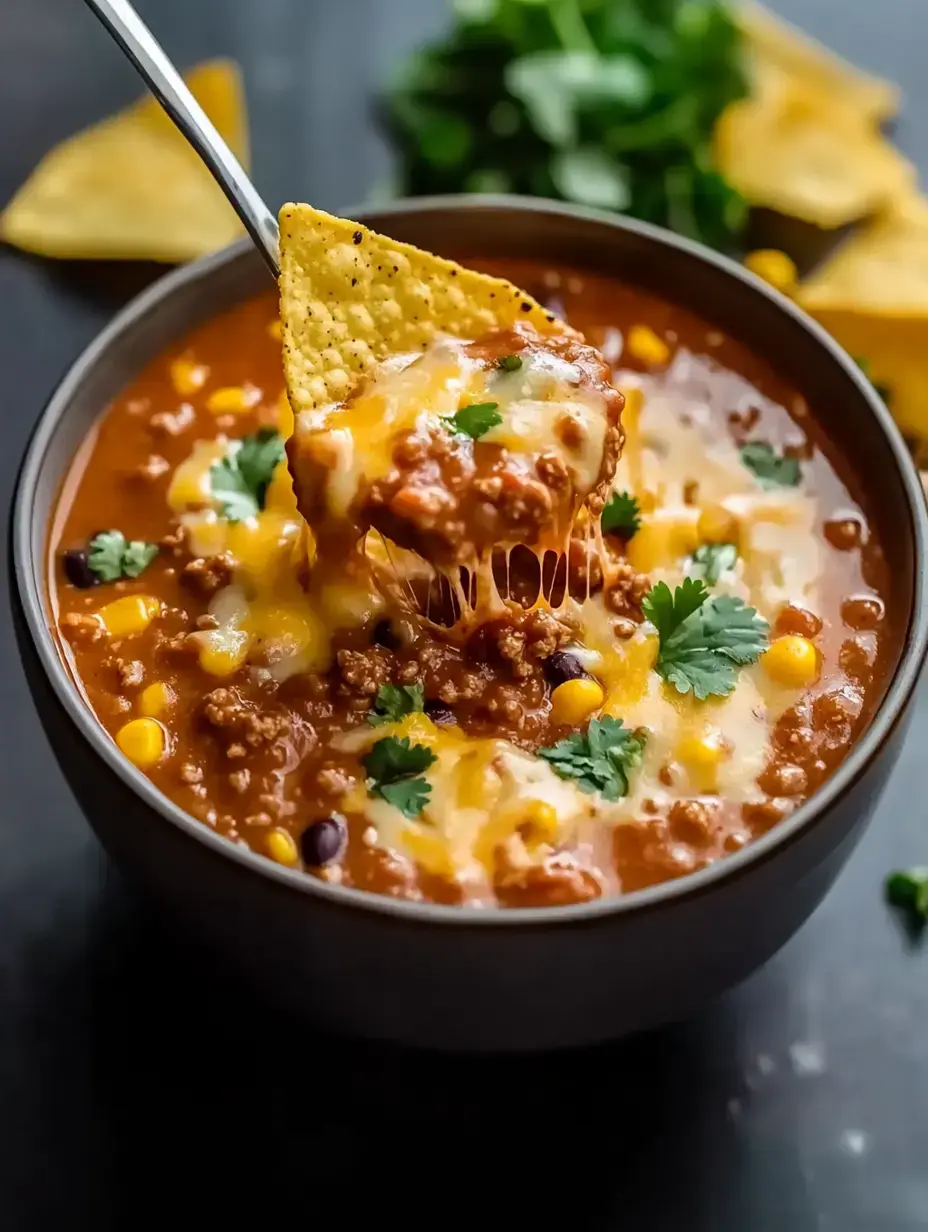 A bowl of chili topped with melted cheese and cilantro, with a tortilla chip being lifted out.