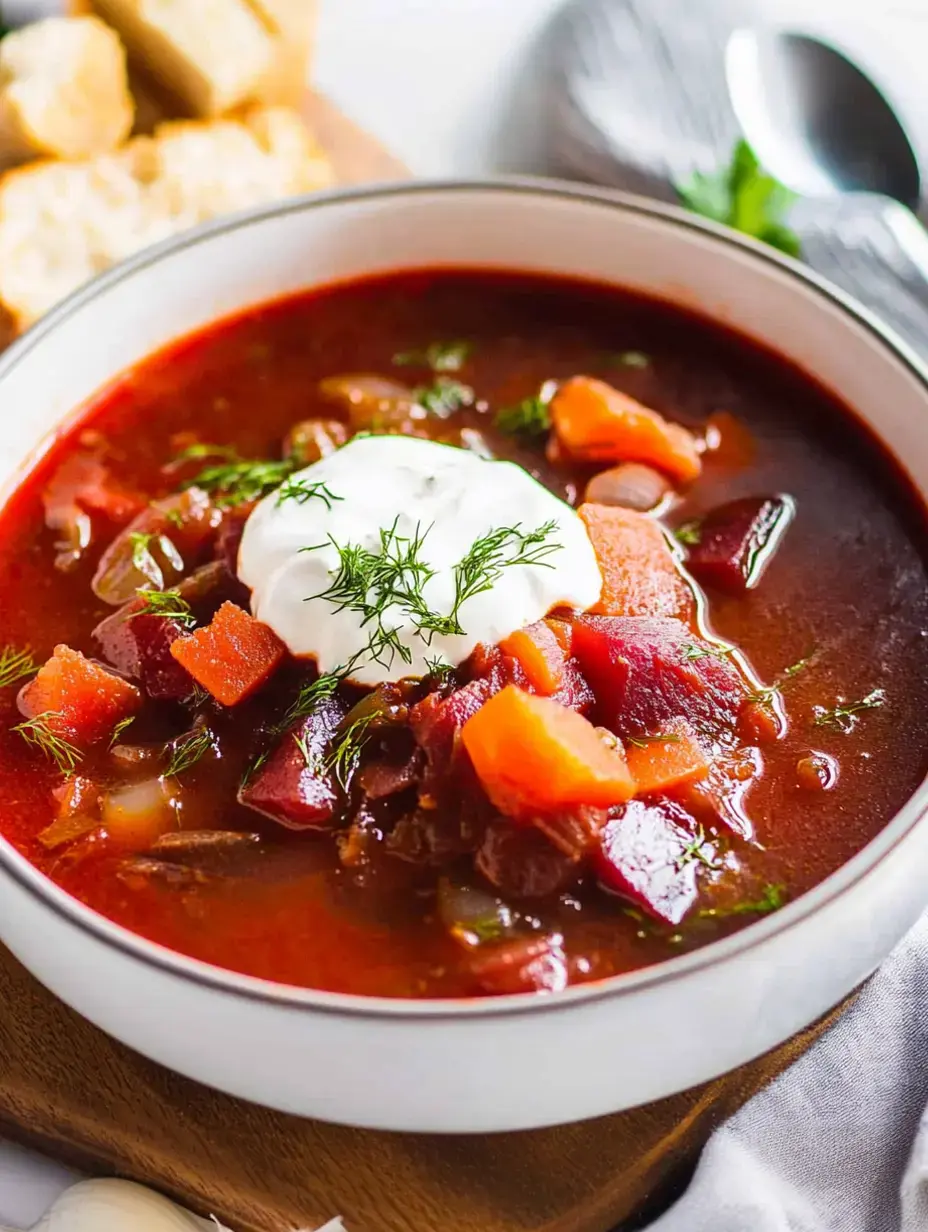 A bowl of colorful borscht soup topped with a dollop of sour cream and fresh dill, accompanied by pieces of bread.