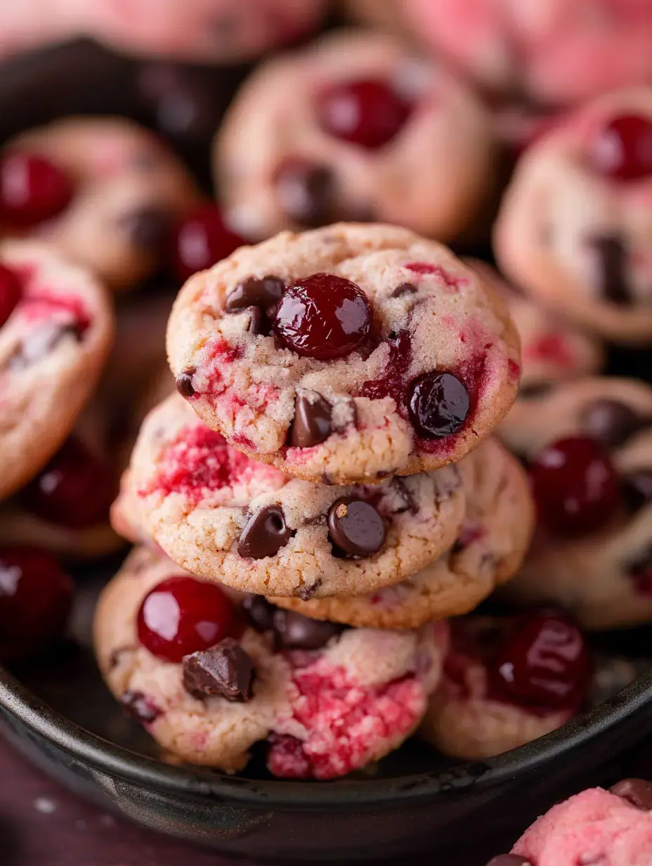 A stack of colorful cookies with chocolate chips and cherries, placed in a dark bowl surrounded by additional cookies.