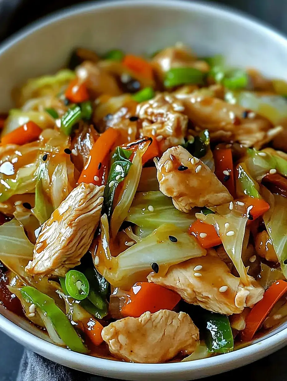 A close-up view of a bowl filled with stir-fried chicken and vegetables, including cabbage, bell peppers, and green onions, garnished with sesame seeds.