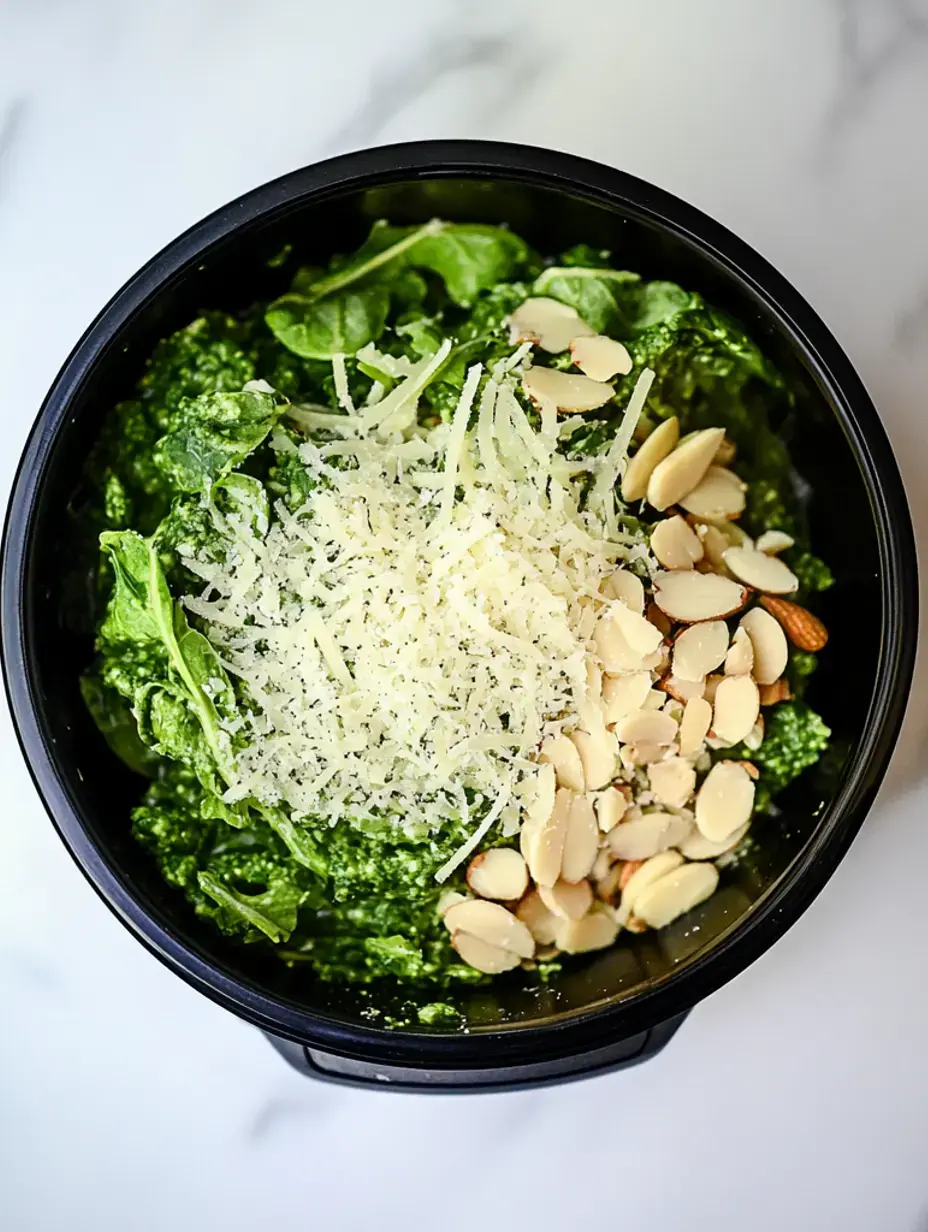 A black bowl filled with a green salad topped with grated cheese and sliced almonds.