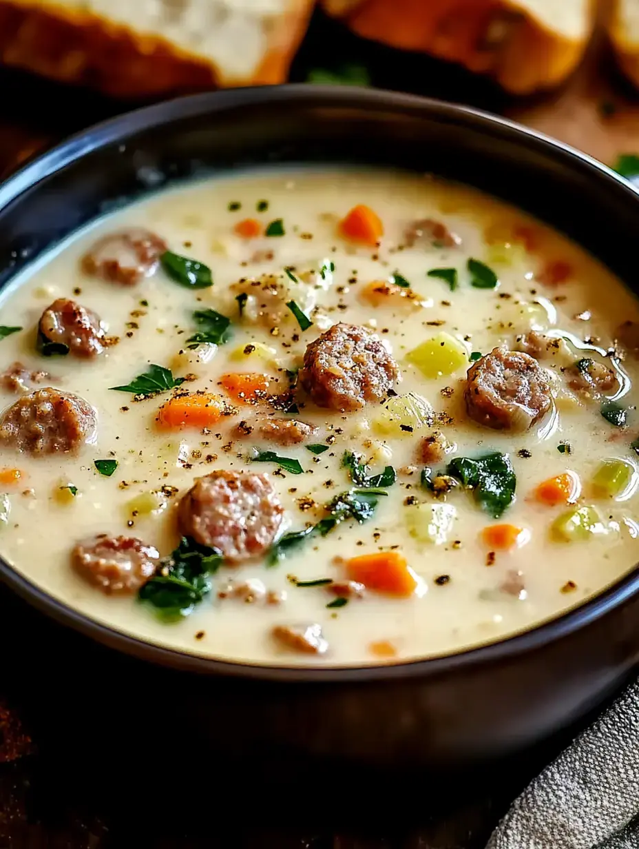 A creamy soup with sausage, vegetables, and herbs served in a black bowl, accompanied by slices of bread in the background.