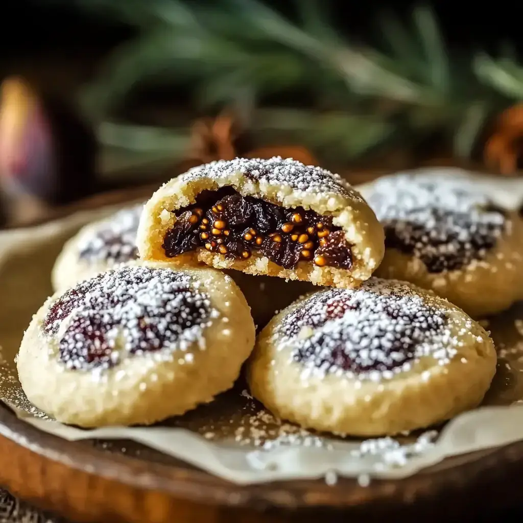 A close-up of round cookies dusted with powdered sugar, featuring a rich fruit filling, with one cookie cut in half to reveal its interior.