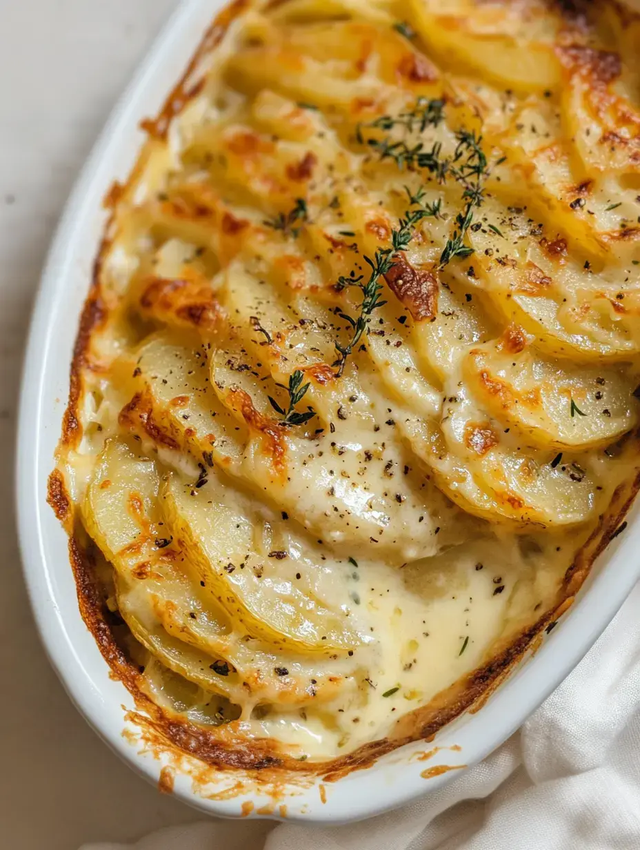 A creamy potato dish, layered and baked with a golden crust, garnished with fresh thyme.