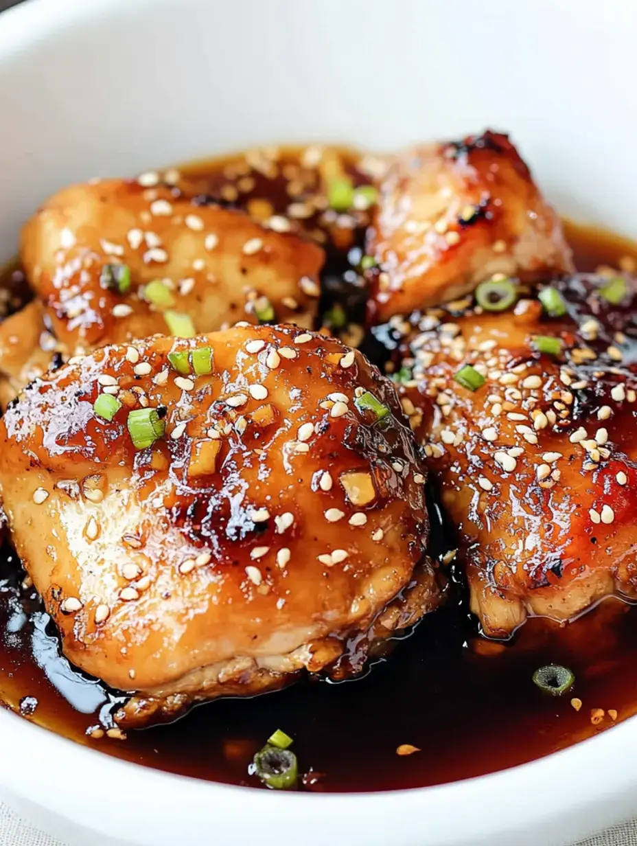 A bowl of glazed chicken thighs topped with sesame seeds and green onions in a rich sauce.