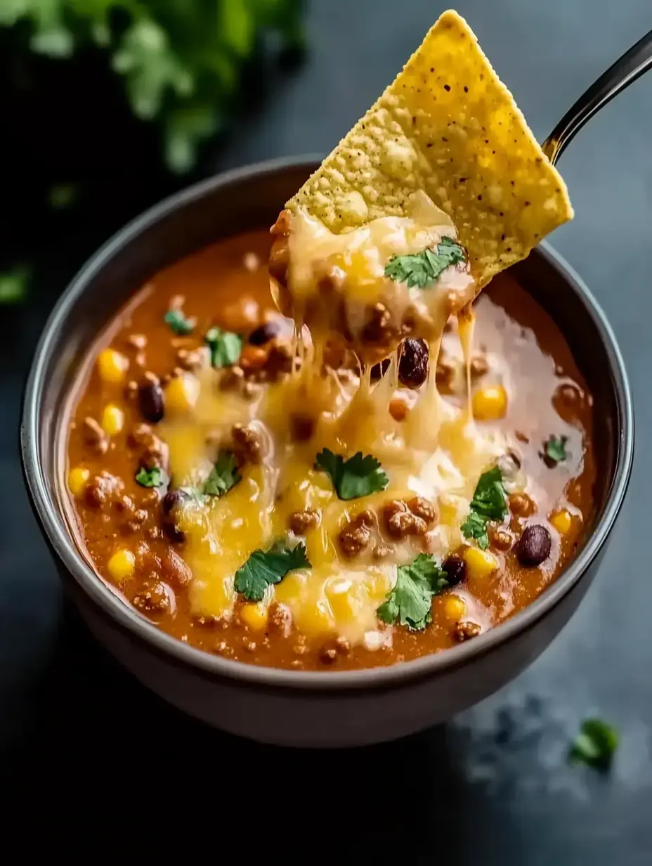 A close-up of a bowl of chili topped with melted cheese and fresh cilantro, with a tortilla chip scooping some of the chili.