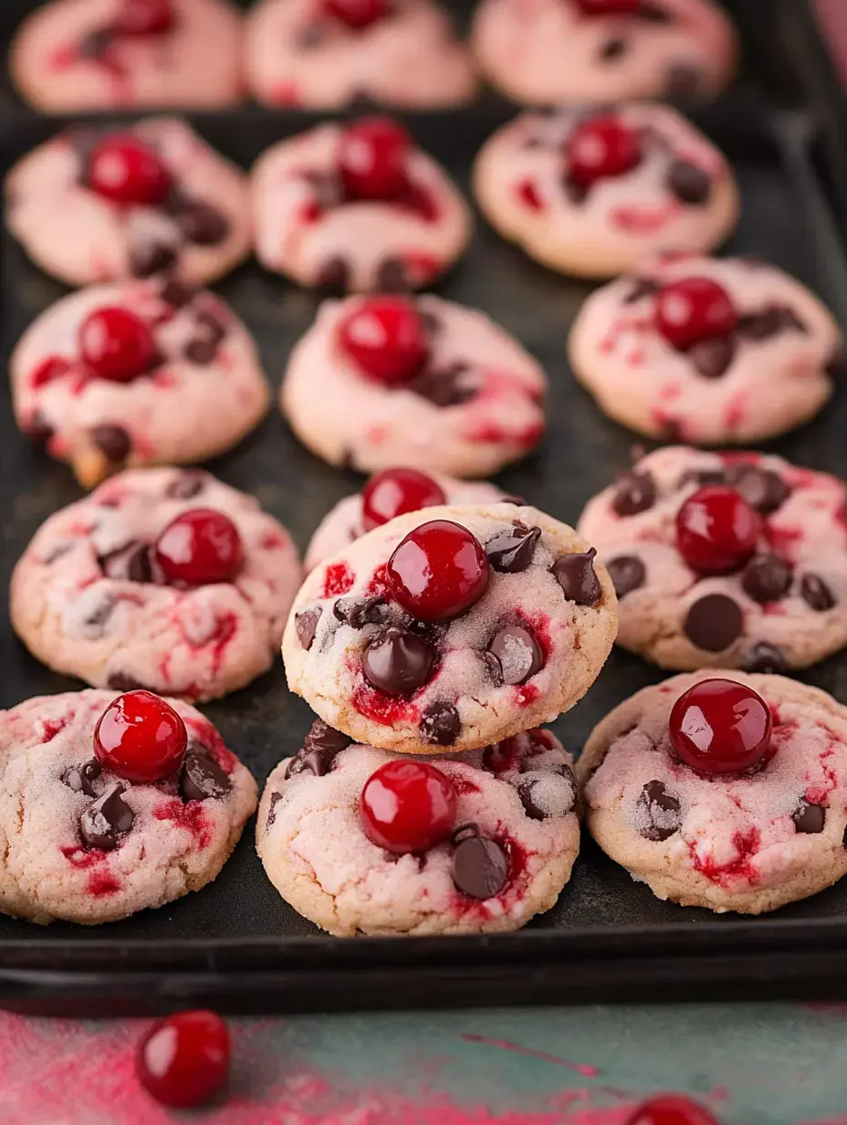 A close-up image of freshly baked cookies topped with chocolate chips and cherries, displayed on a black baking tray.