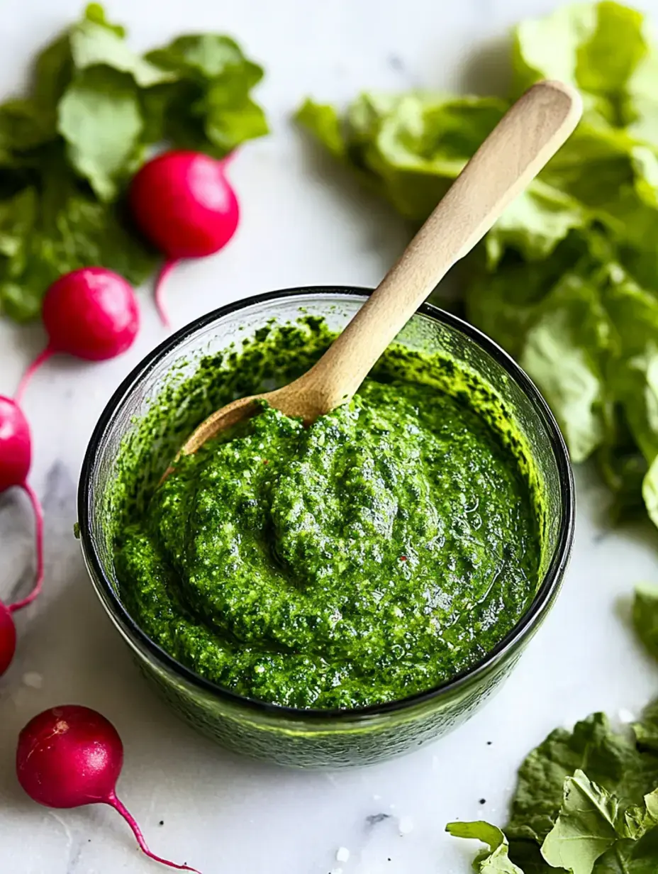 A bowl of vibrant green pesto is surrounded by fresh radishes and leafy greens on a marble surface, with a wooden spoon resting in the bowl.