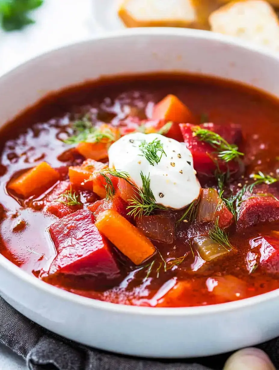 A bowl of hearty vegetable soup with chunks of beets, carrots, and a dollop of sour cream, garnished with fresh dill.