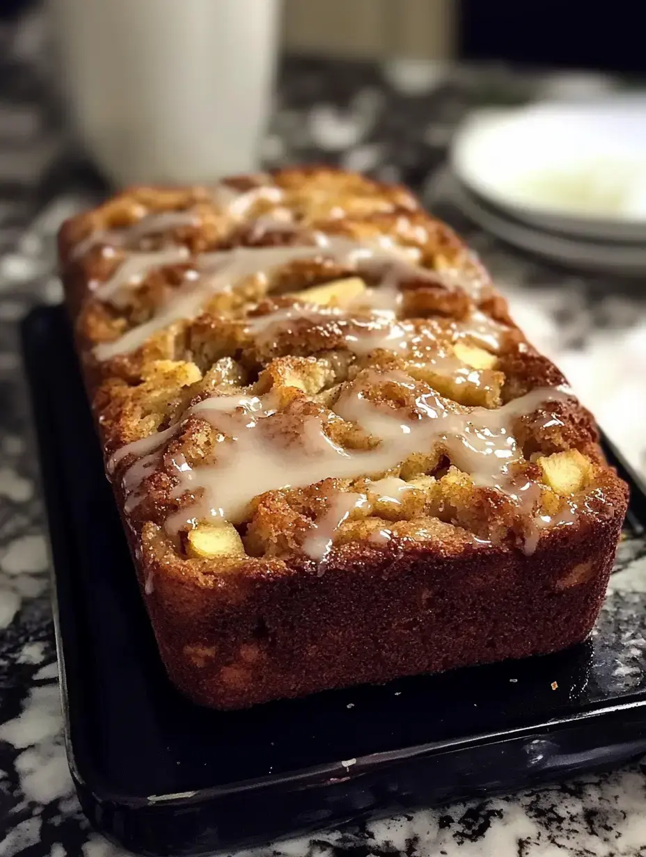 A golden-brown loaf cake drizzled with white icing sits on a black plate against a marble countertop.