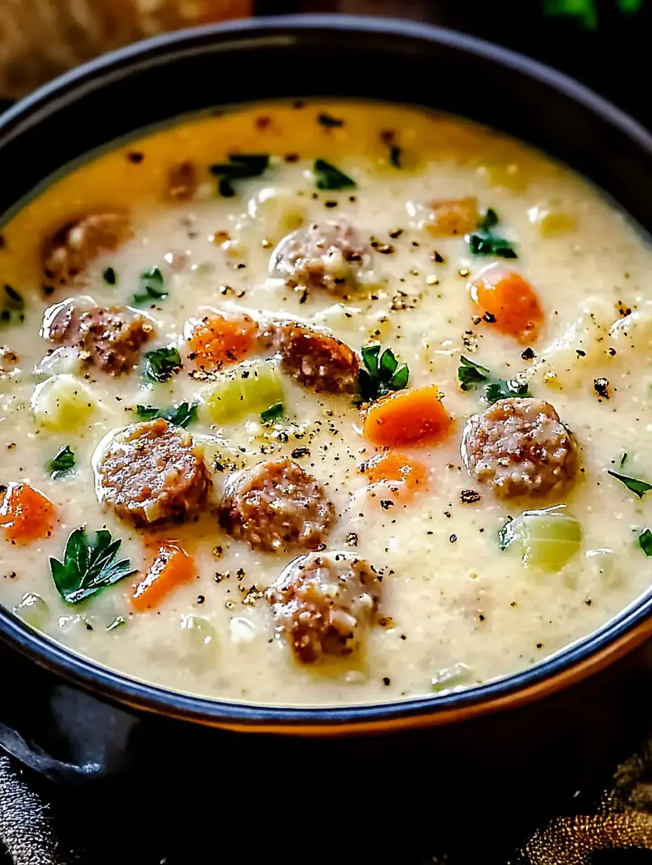 A steaming bowl of creamy soup with meatballs, carrots, celery, and parsley, garnished with black pepper.