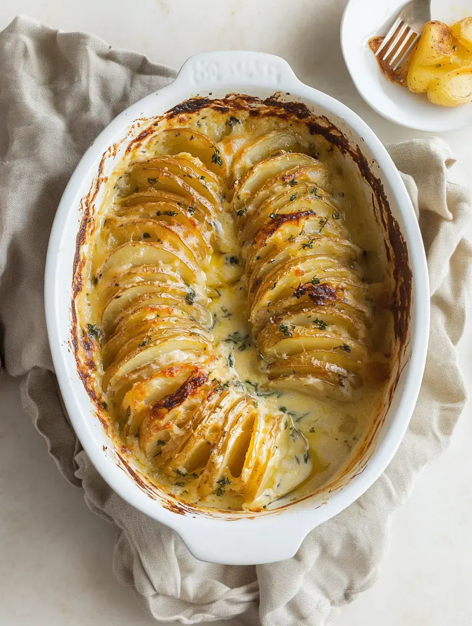 A creamy, baked dish of thinly sliced potatoes layered in a white casserole dish, garnished with herbs and golden edges.