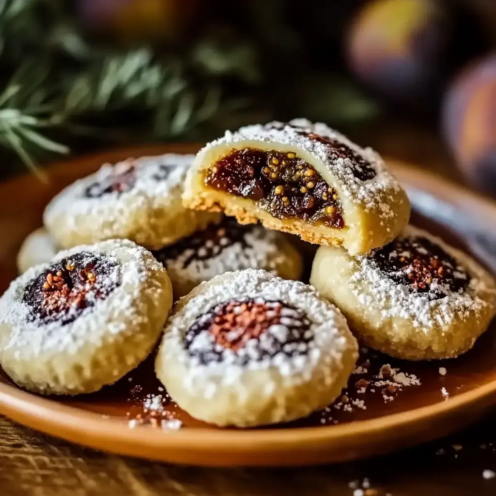 A plate of powdered sugar-coated cookies with fruit-filled centers, one cookie cut in half to reveal its jam filling.