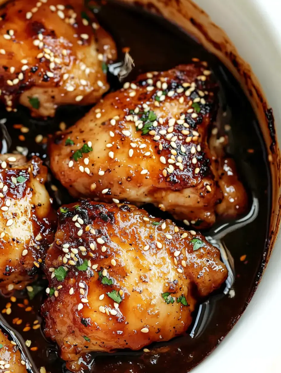 A close-up of glazed chicken thighs garnished with sesame seeds and herbs in a dark sauce.