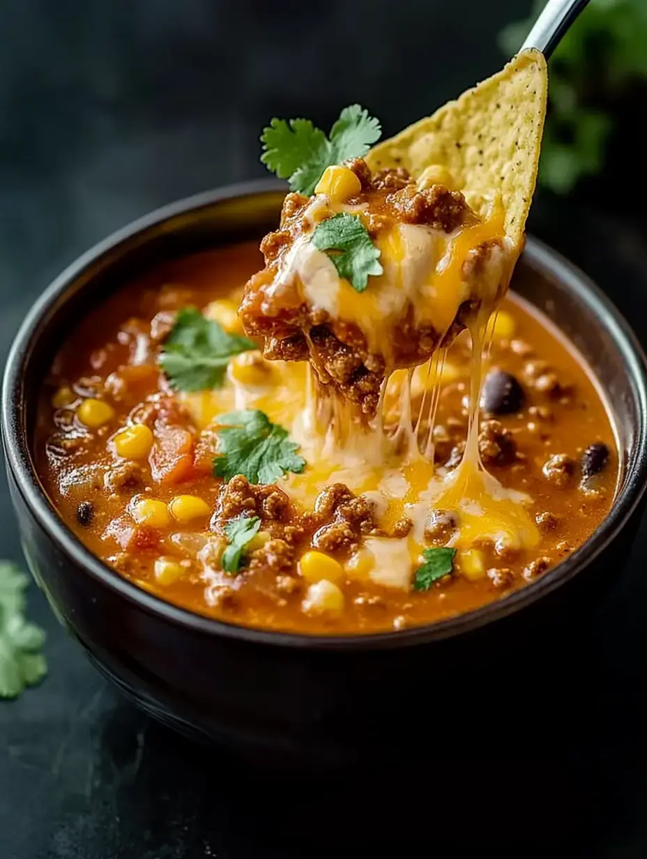 A bowl of chili topped with cheese and cilantro, with a tortilla chip lifting a portion, showcasing a gooey, melted cheese pull.