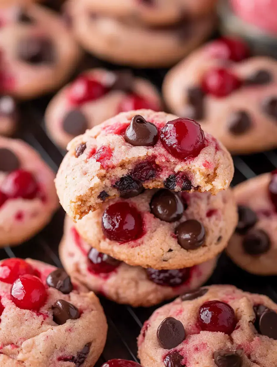 A stack of colorful cookies topped with chocolate chips and cherries, with one cookie partially bitten, is displayed on a cooling rack.