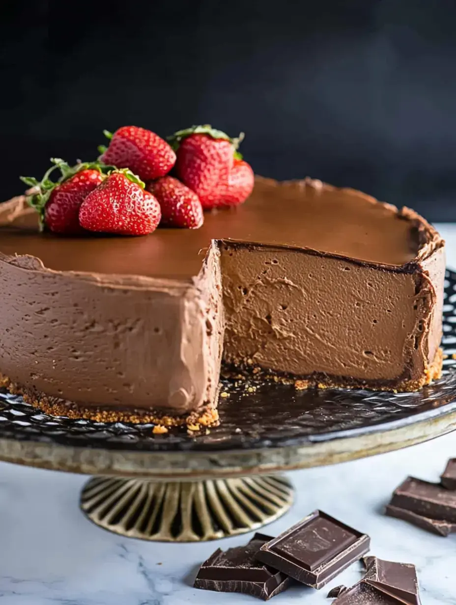 A rich chocolate cheesecake topped with fresh strawberries, displayed on a decorative cake stand with chocolate pieces nearby.