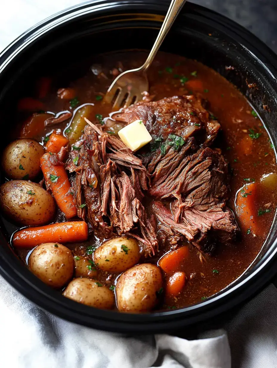 A close-up of a slow-cooked pot roast with tender shredded beef, carrots, and baby potatoes in a savory broth, topped with a pat of butter and garnished with parsley.