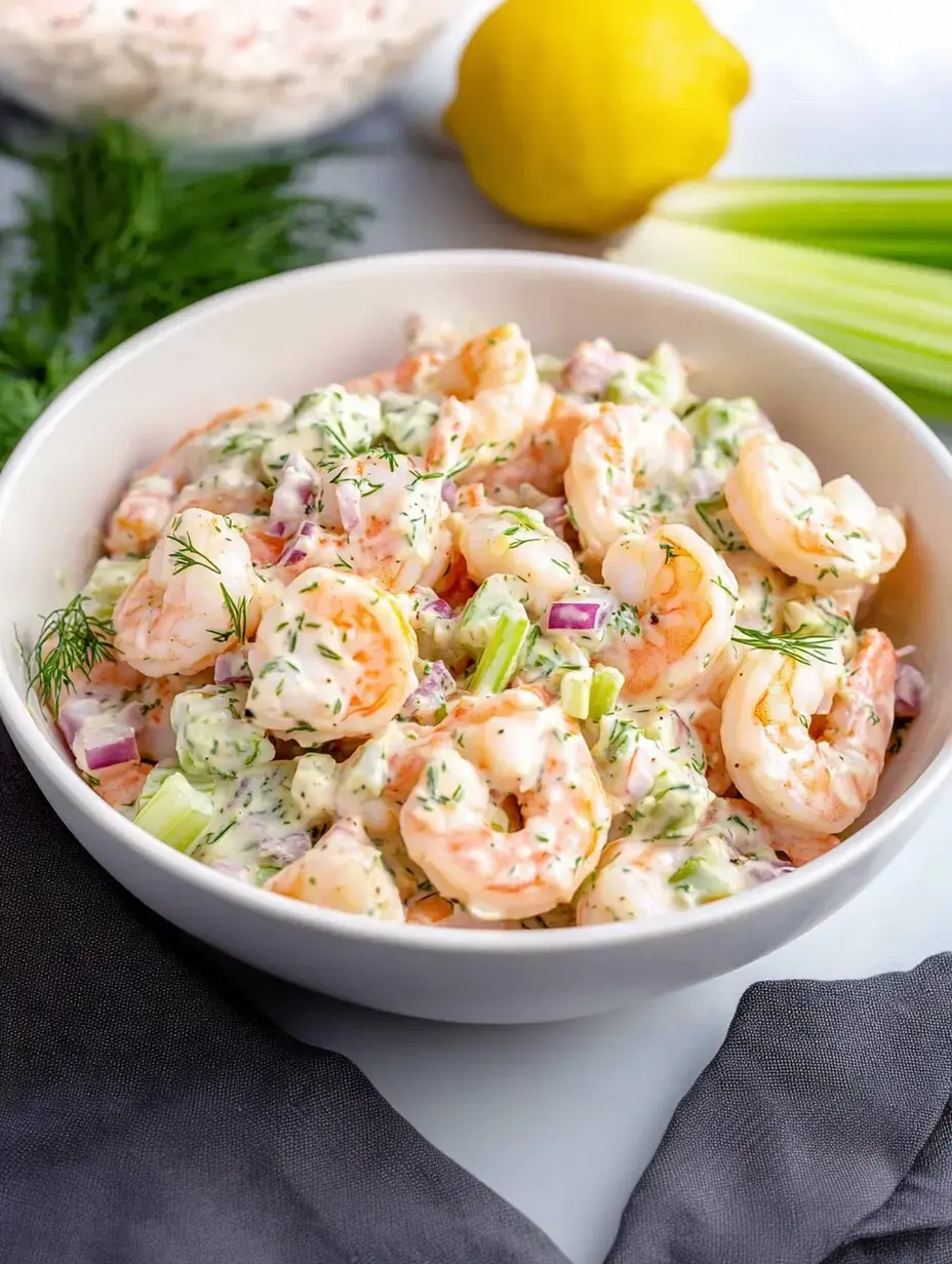 A bowl of shrimp salad with celery, red onion, and dill, accompanied by a lemon and a bowl of additional ingredients in the background.