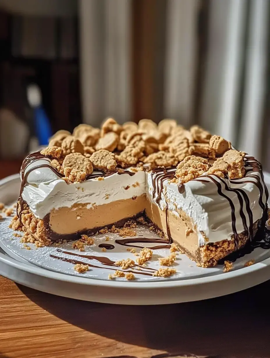 A sliced dessert featuring a creamy filling topped with whipped cream, cookie crumbles, and chocolate drizzle on a plate.