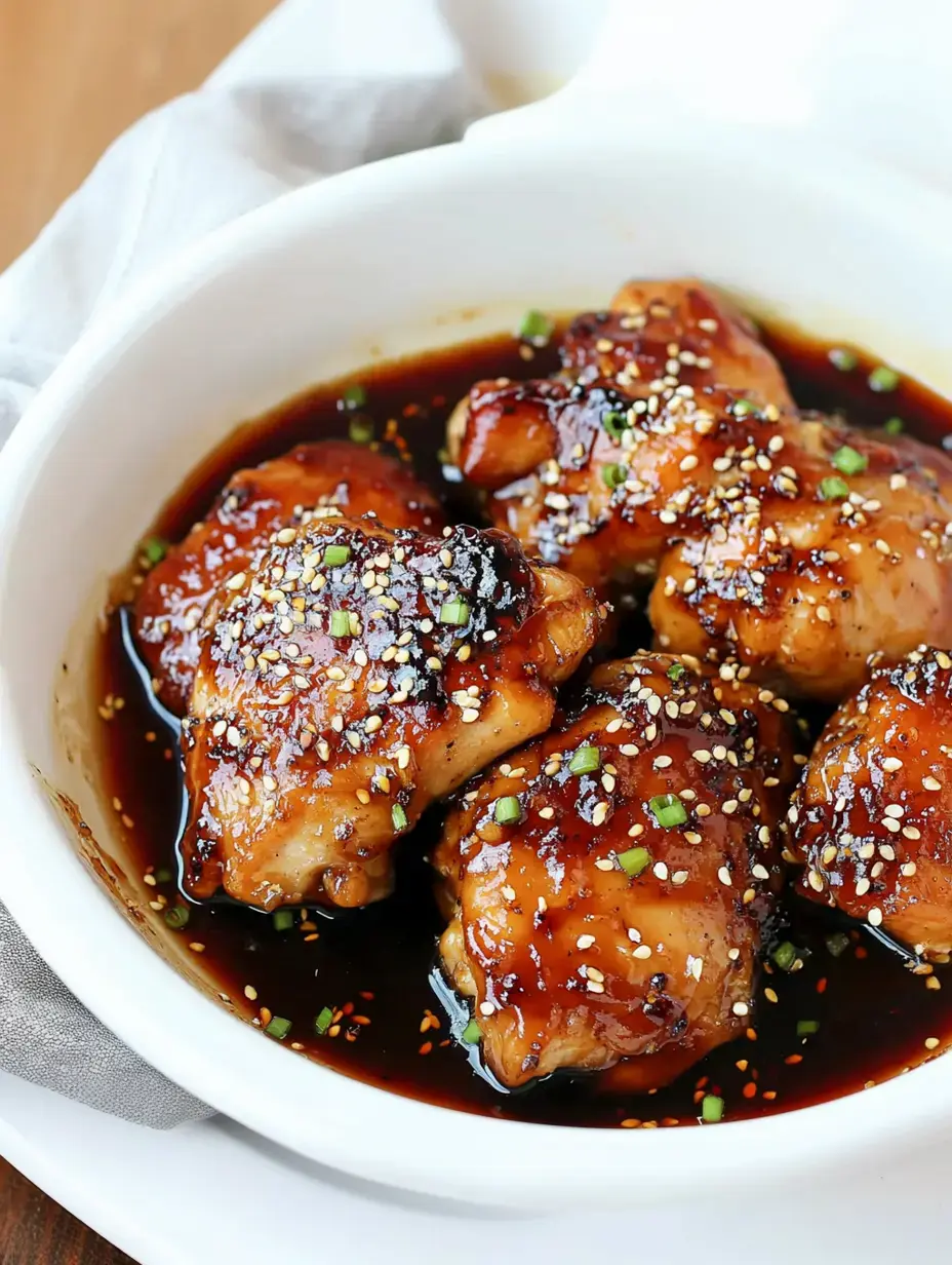 A white bowl filled with glazed chicken thighs topped with sesame seeds and chopped green onions.