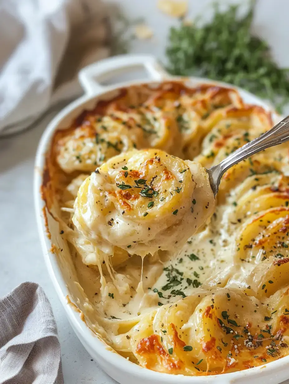 A serving spoon lifts a portion of creamy, baked potato casserole topped with melted cheese and sprinkled with herbs from a white dish.